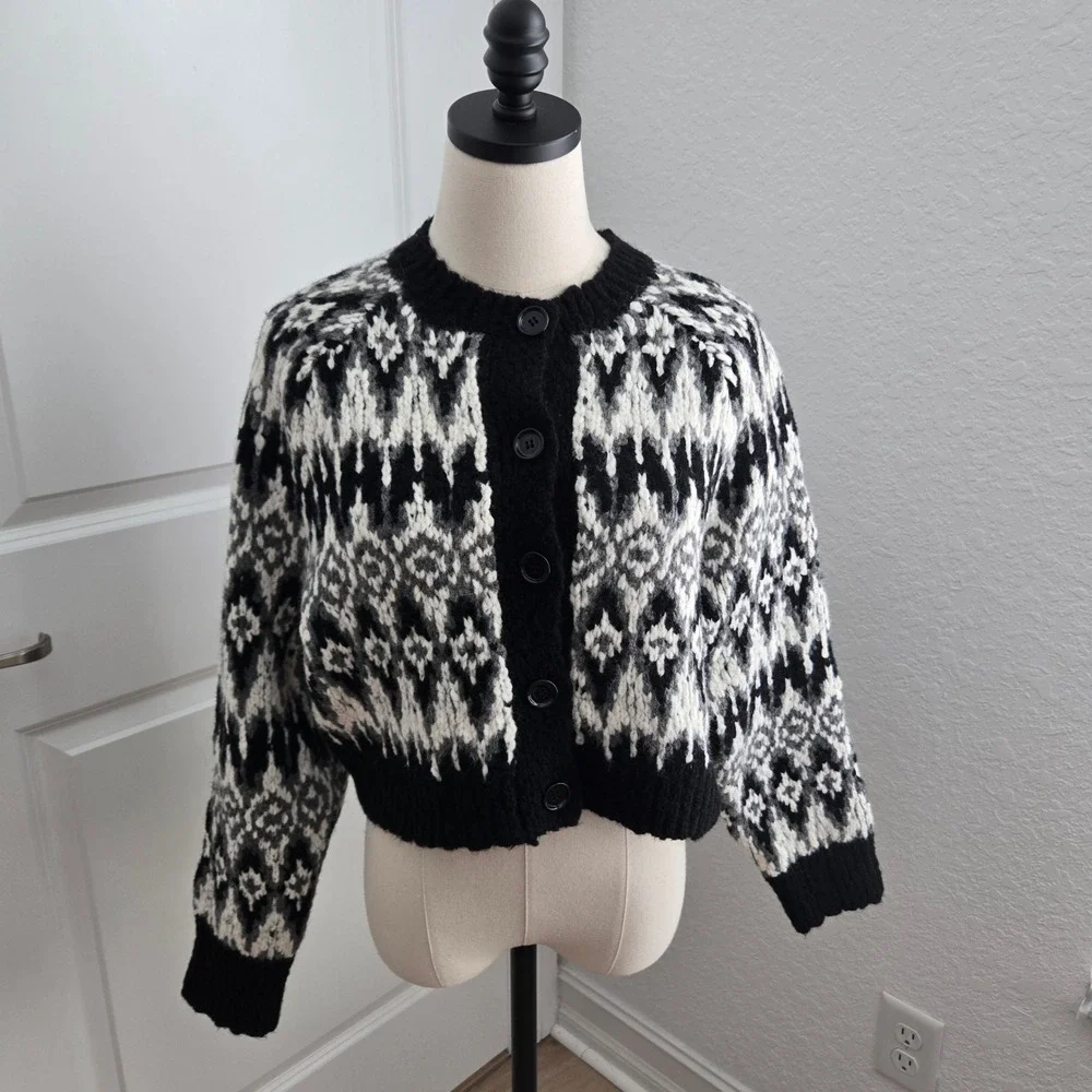J. Crew Womens Fair Isle Cardigan Sweater Black White Wool Alpaca CE714 Size S